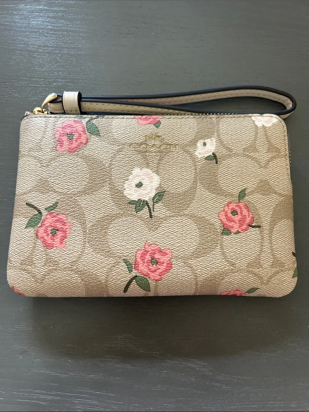 Coach Beige Signature Floral Wristlet with Pink Roses